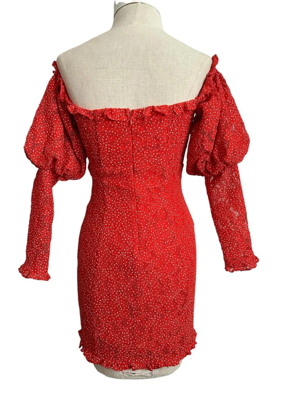 For Love And Lemons Clarisse Red & White Polkadot Mini Dress Off Shoulder XS